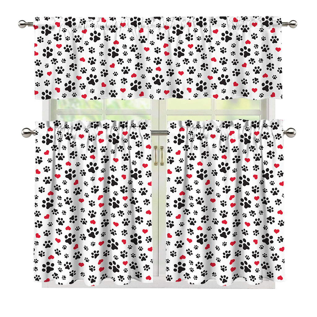 Black Paw And Heart Pattern Print 3 Piece Kitchen Curtains