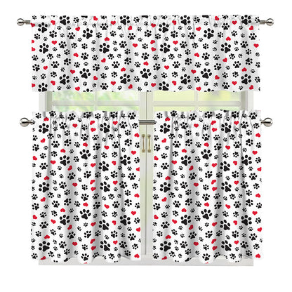 Black Paw And Heart Pattern Print 3 Piece Kitchen Curtains