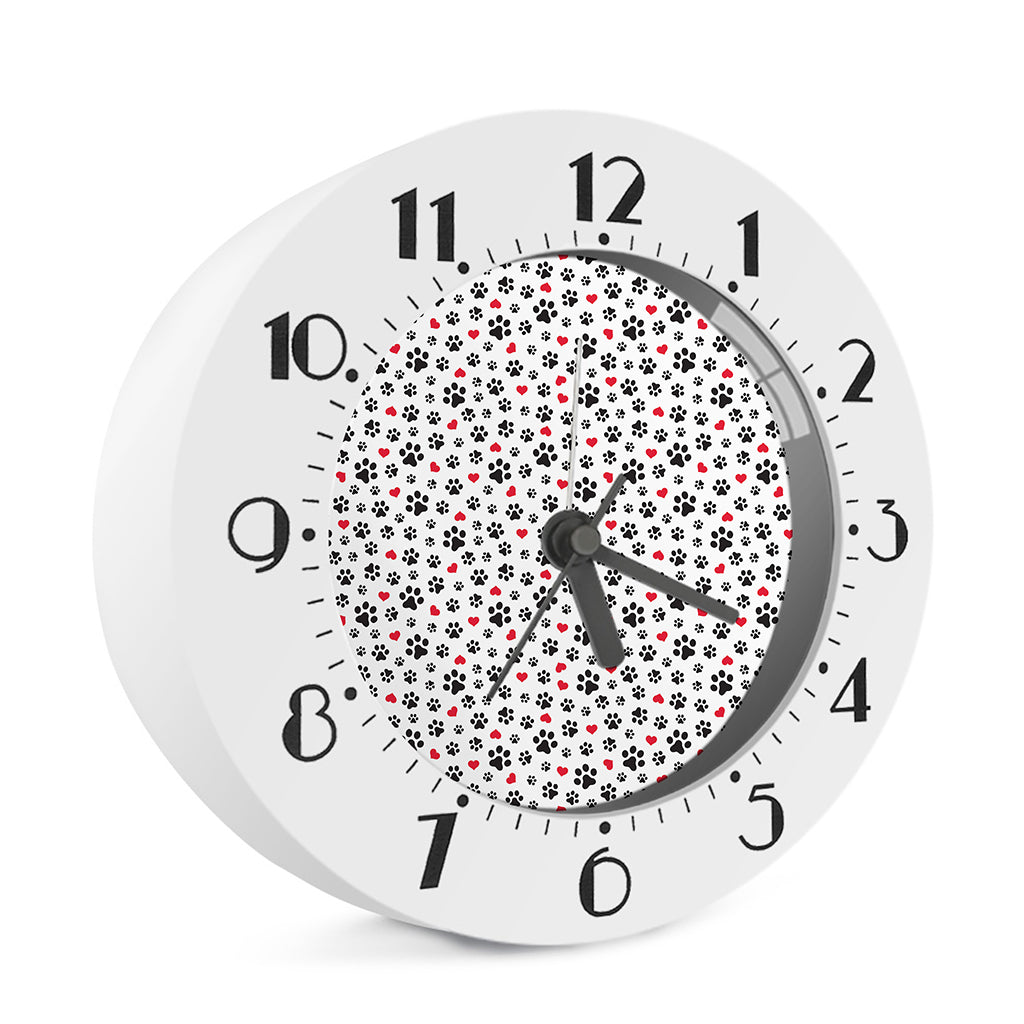 Black Paw And Heart Pattern Print Alarm Clock