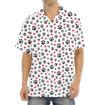 Black Paw And Heart Pattern Print Aloha Shirt