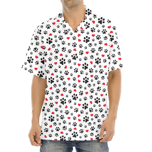 Black Paw And Heart Pattern Print Aloha Shirt