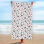 Black Paw And Heart Pattern Print Beach Towel