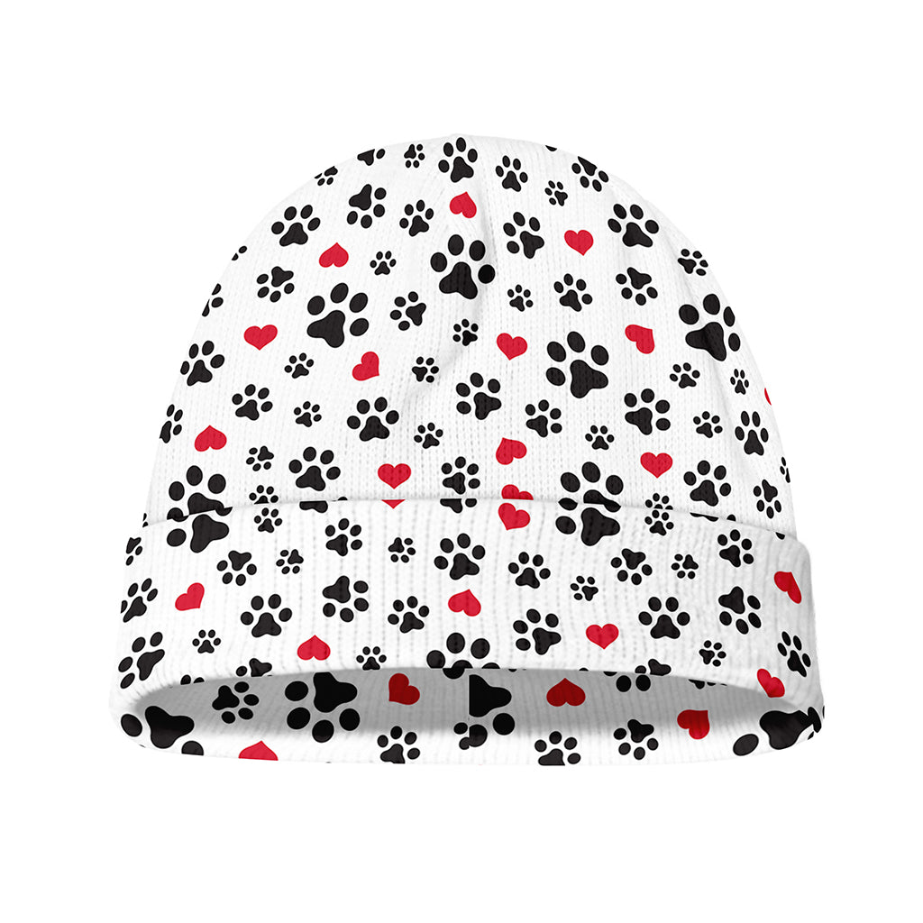 Black Paw And Heart Pattern Print Beanie