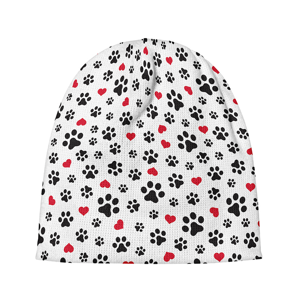 Black Paw And Heart Pattern Print Beanie