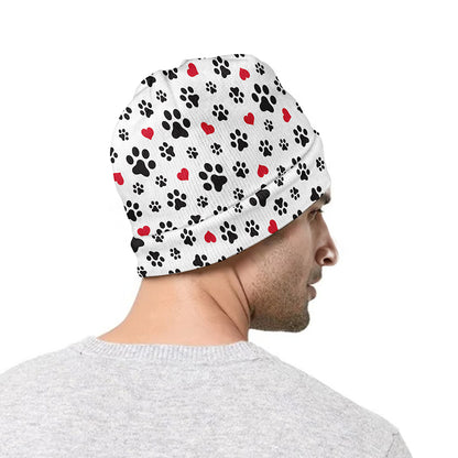 Black Paw And Heart Pattern Print Beanie