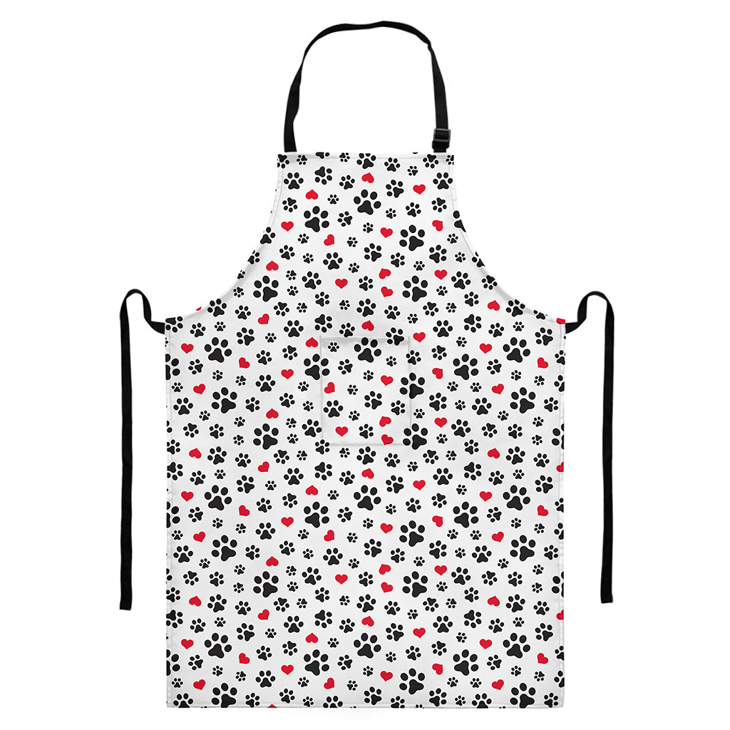 Black Paw And Heart Pattern Print Bib Apron With Pocket