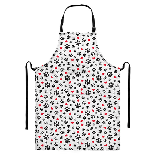 Black Paw And Heart Pattern Print Bib Apron With Pocket
