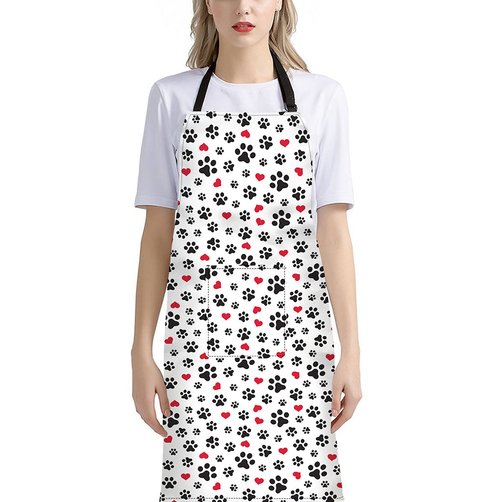 Black Paw And Heart Pattern Print Bib Apron With Pocket
