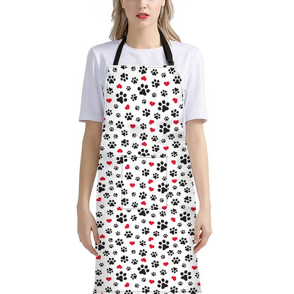 Black Paw And Heart Pattern Print Bib Apron With Pocket