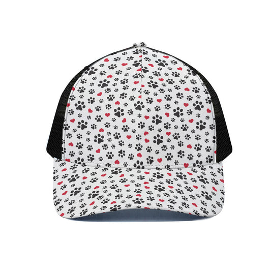 Black Paw And Heart Pattern Print Black Mesh Trucker Cap