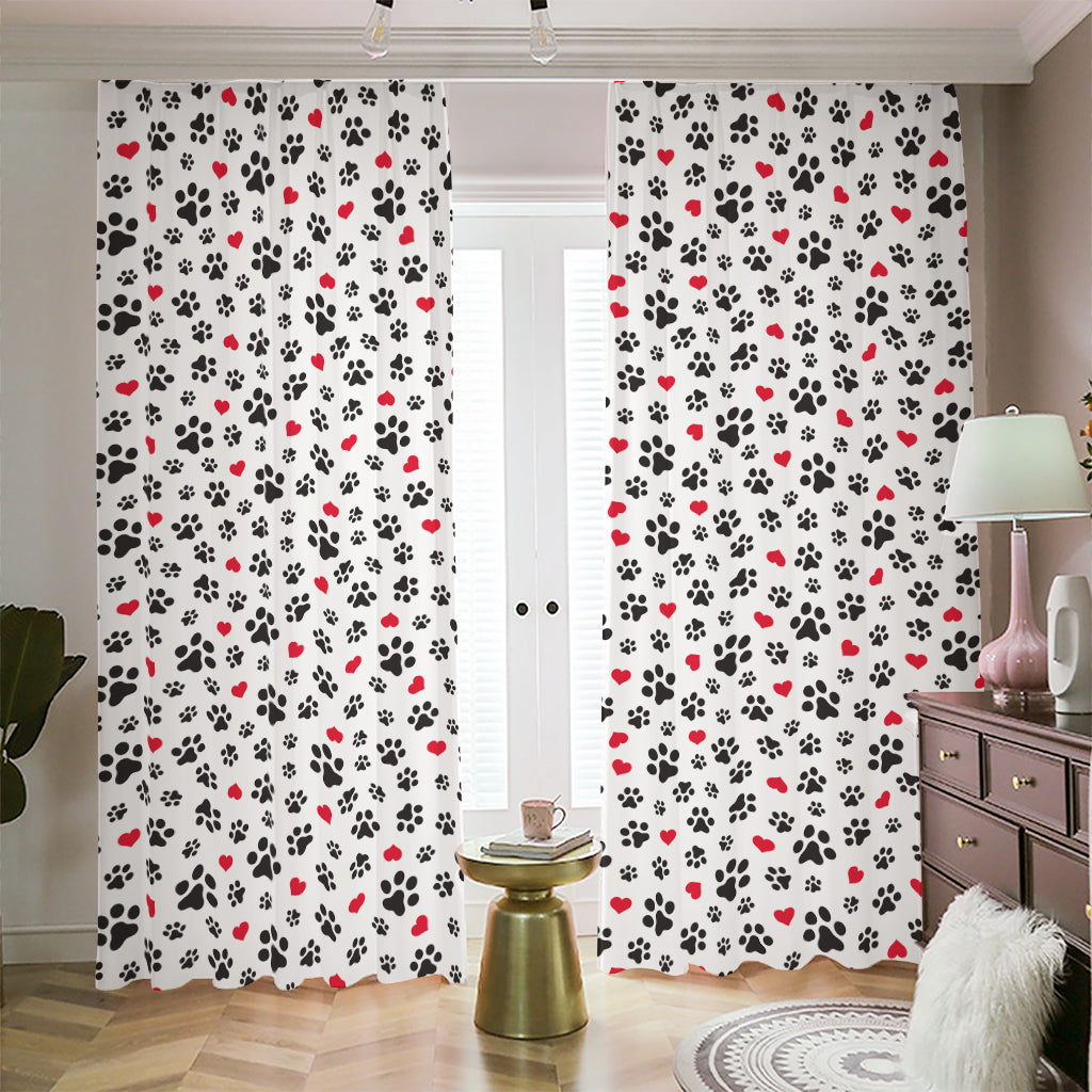 Black Paw And Heart Pattern Print Blackout Pencil Pleat Curtains