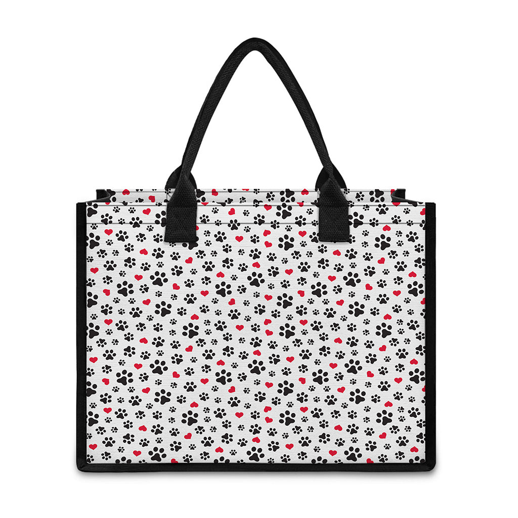 Black Paw And Heart Pattern Print Canvas Tote Bag