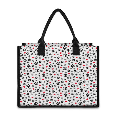 Black Paw And Heart Pattern Print Canvas Tote Bag