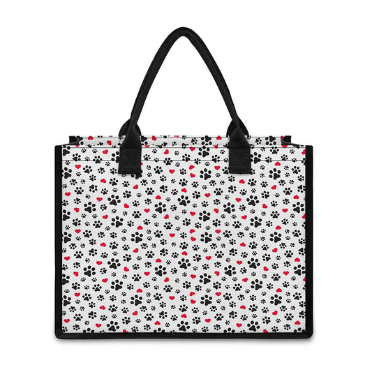 Black Paw And Heart Pattern Print Canvas Tote Bag