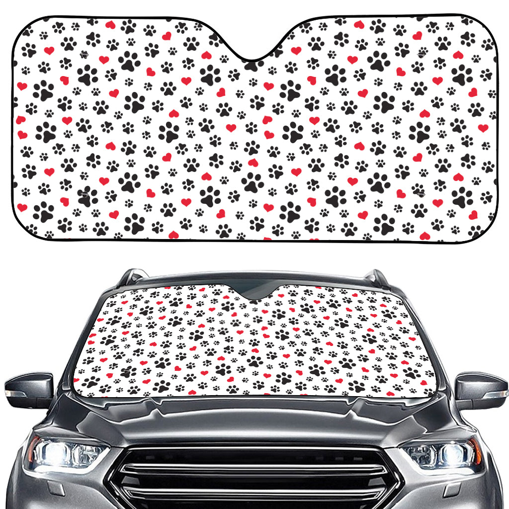 Black Paw And Heart Pattern Print Car Windshield Sun Shade