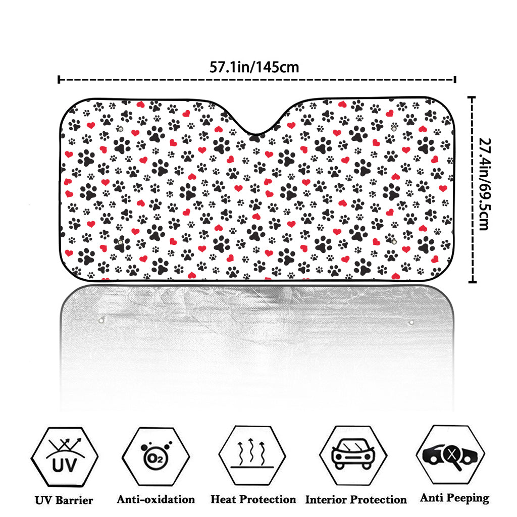 Black Paw And Heart Pattern Print Car Windshield Sun Shade