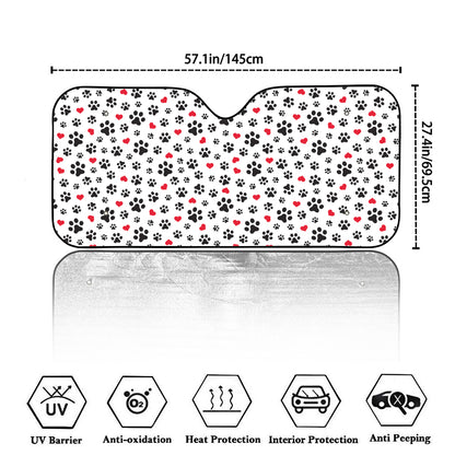 Black Paw And Heart Pattern Print Car Windshield Sun Shade