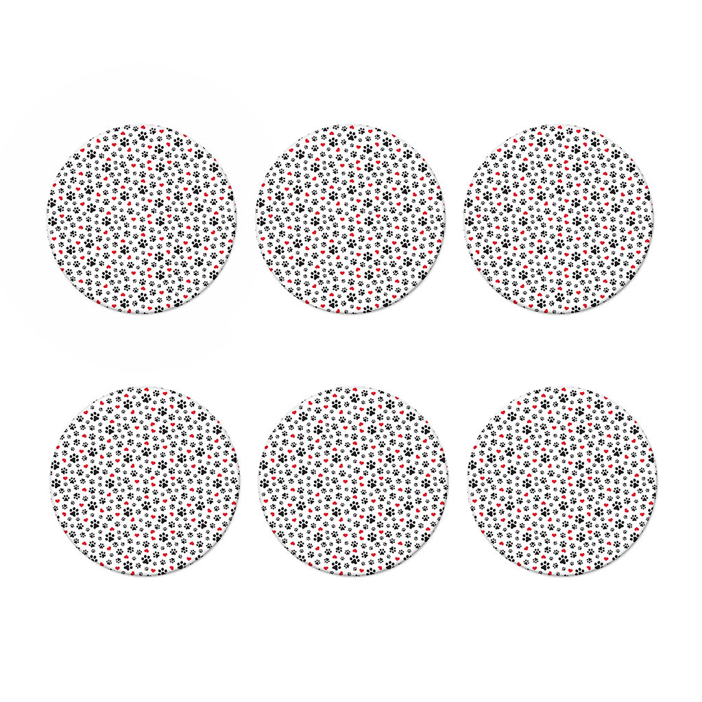 Black Paw And Heart Pattern Print Coaster Set