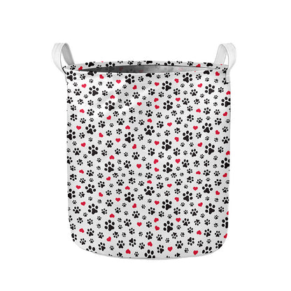 Black Paw And Heart Pattern Print Collapsible Laundry Basket