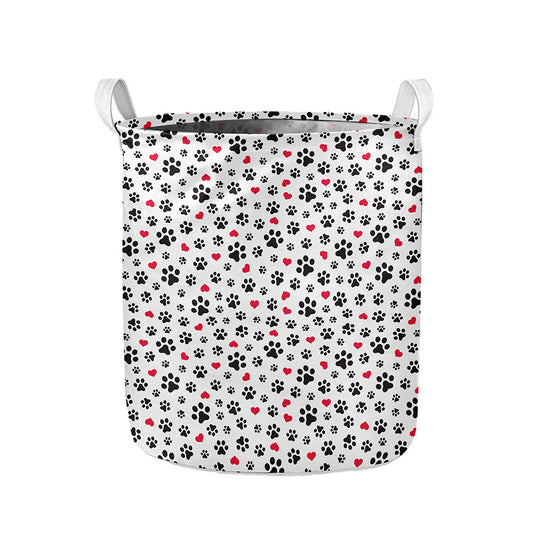 Black Paw And Heart Pattern Print Collapsible Laundry Basket