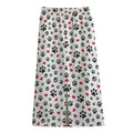 Black Paw And Heart Pattern Print Cotton Front Slit Maxi Skirt