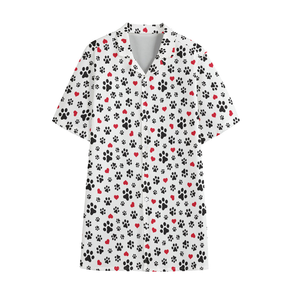 Black Paw And Heart Pattern Print Cotton Hawaiian Shirt