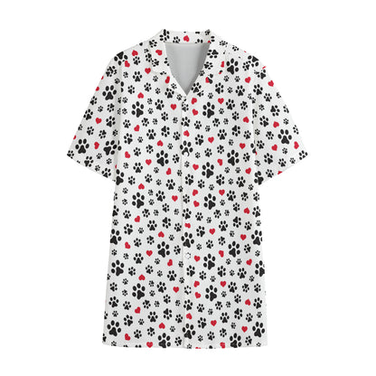Black Paw And Heart Pattern Print Cotton Hawaiian Shirt