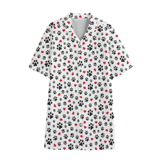 Black Paw And Heart Pattern Print Cotton Hawaiian Shirt