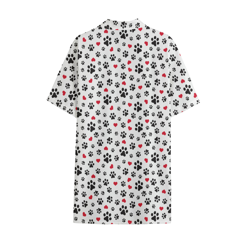 Black Paw And Heart Pattern Print Cotton Hawaiian Shirt