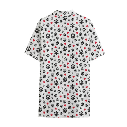 Black Paw And Heart Pattern Print Cotton Hawaiian Shirt