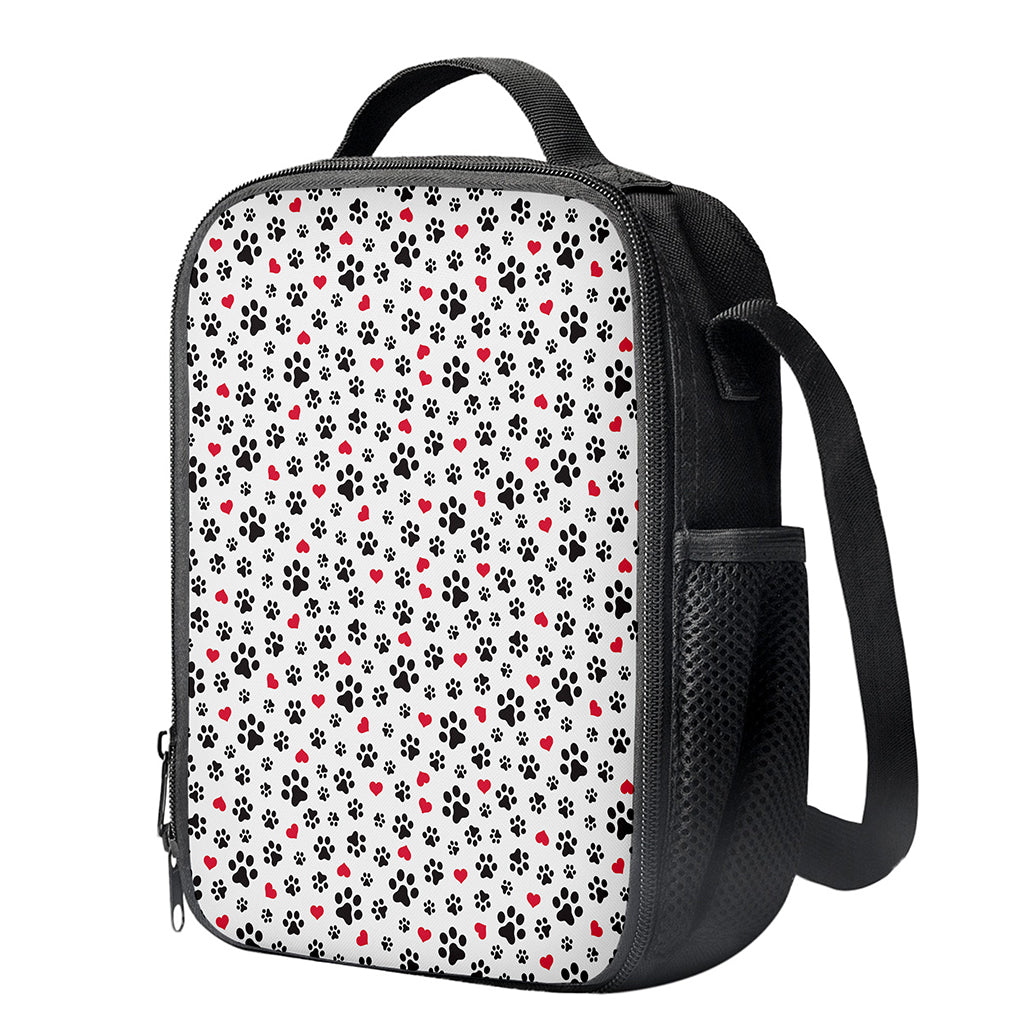 Black Paw And Heart Pattern Print Crossbody Lunch Bag
