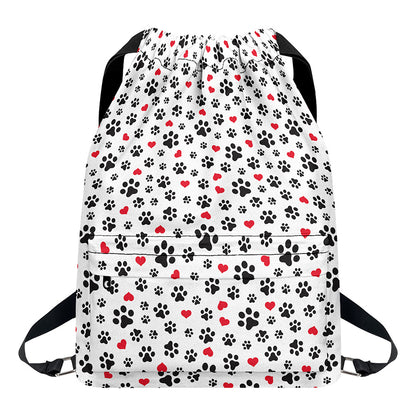 Black Paw And Heart Pattern Print Drawstring Backpack