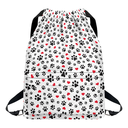 Black Paw And Heart Pattern Print Drawstring Backpack
