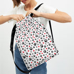 Black Paw And Heart Pattern Print Drawstring Backpack