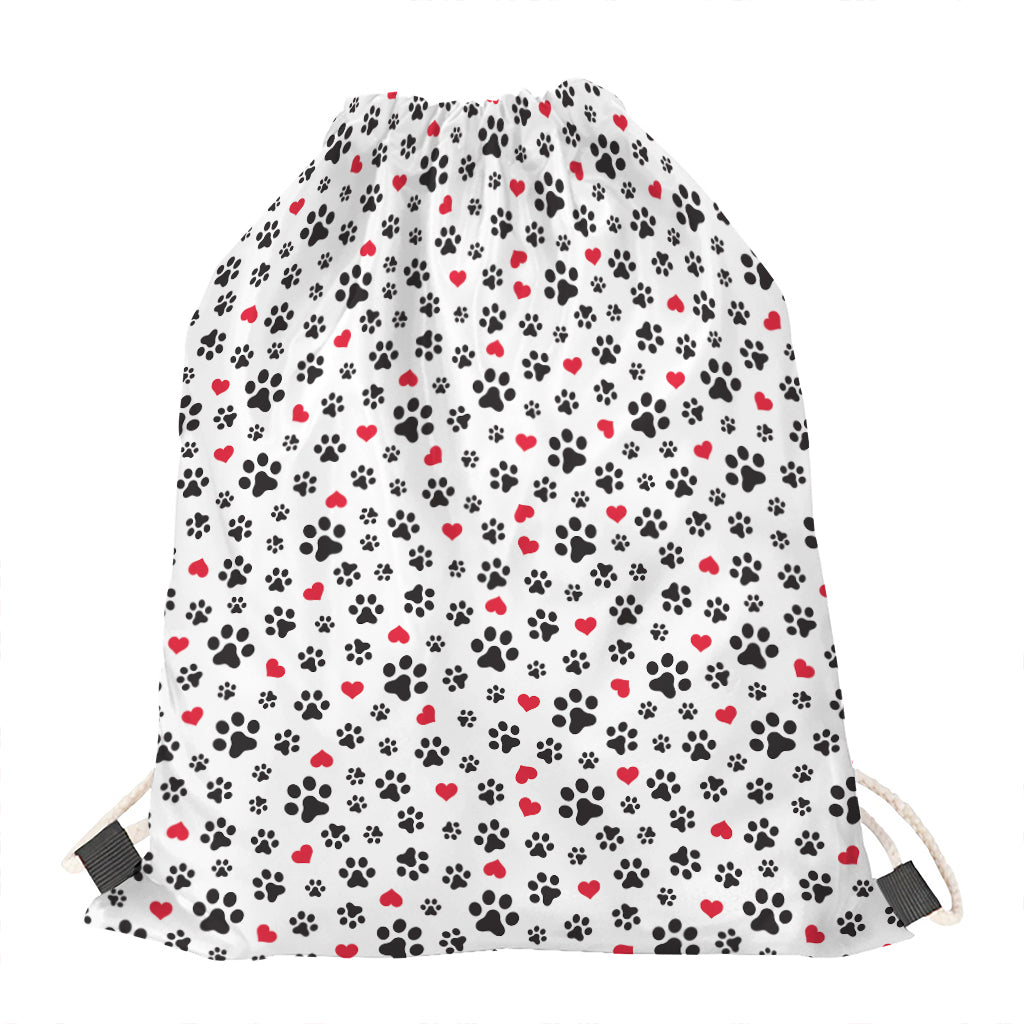 Black Paw And Heart Pattern Print Drawstring Bag
