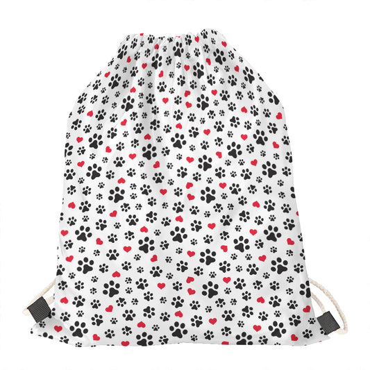 Black Paw And Heart Pattern Print Drawstring Bag