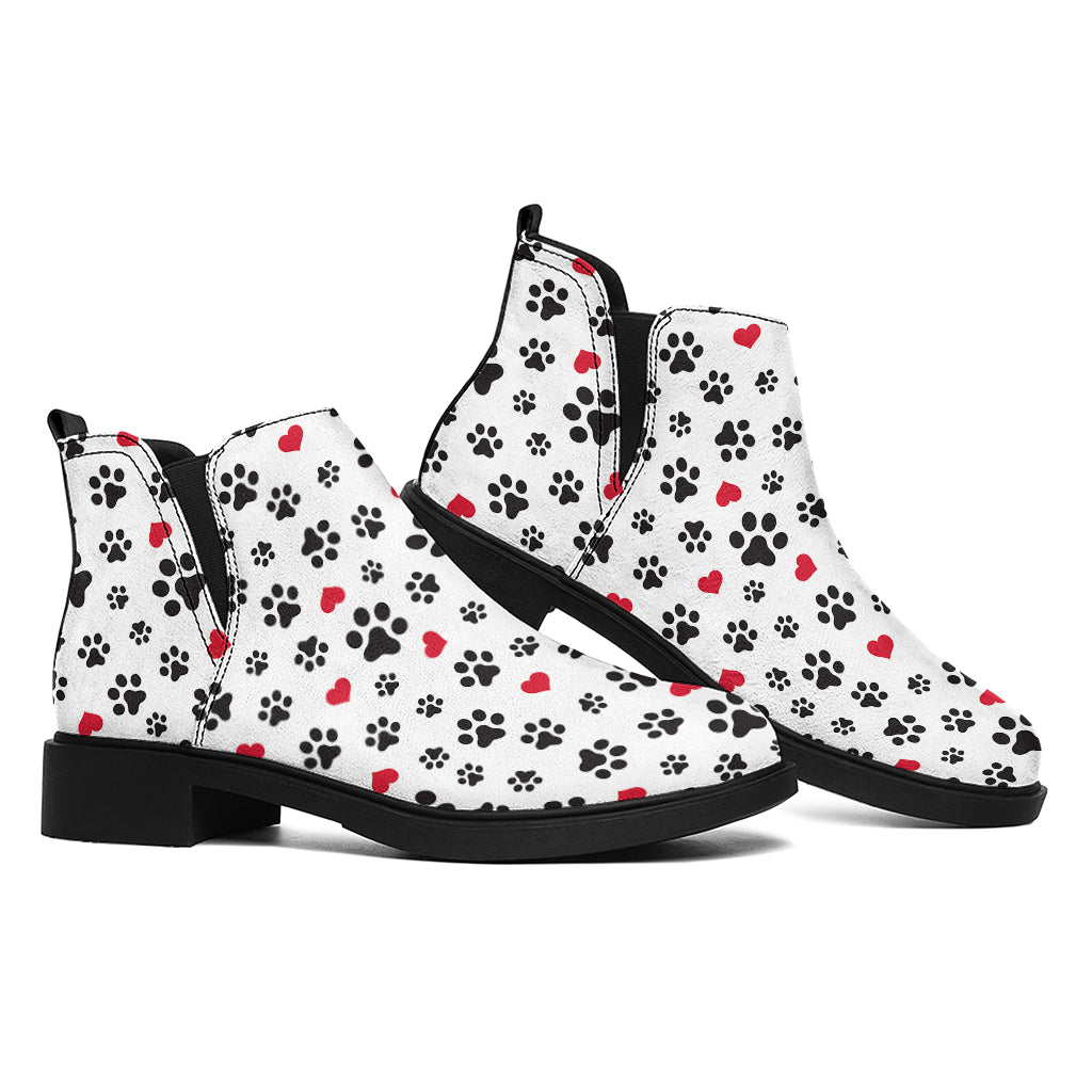 Black Paw And Heart Pattern Print Flat Ankle Boots