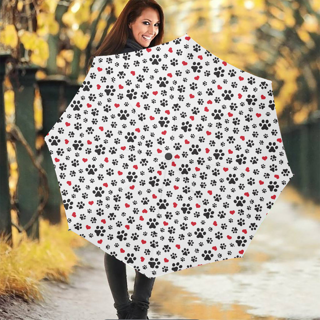 Black Paw And Heart Pattern Print Foldable Umbrella