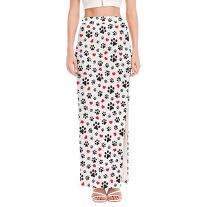 Black Paw And Heart Pattern Print High Slit Maxi Skirt