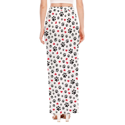 Black Paw And Heart Pattern Print High Slit Maxi Skirt