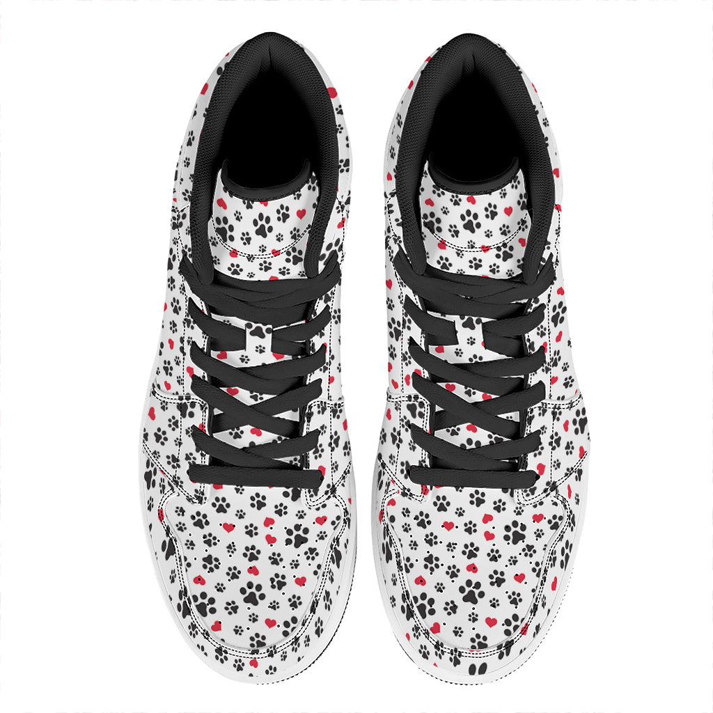 Black Paw And Heart Pattern Print High Top Leather Sneakers