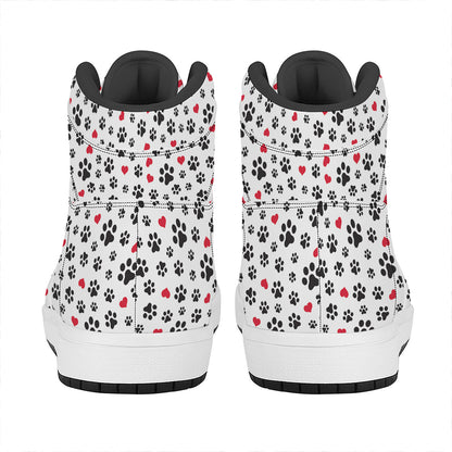 Black Paw And Heart Pattern Print High Top Leather Sneakers