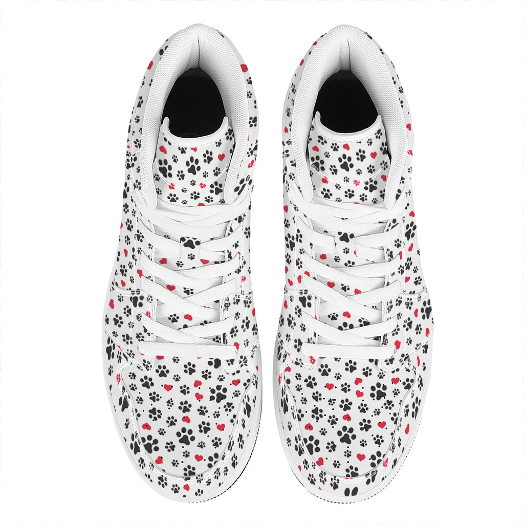 Black Paw And Heart Pattern Print High Top Leather Sneakers