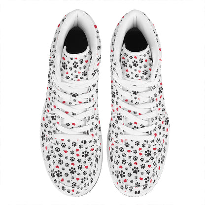 Black Paw And Heart Pattern Print High Top Leather Sneakers
