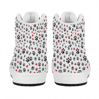 Black Paw And Heart Pattern Print High Top Leather Sneakers