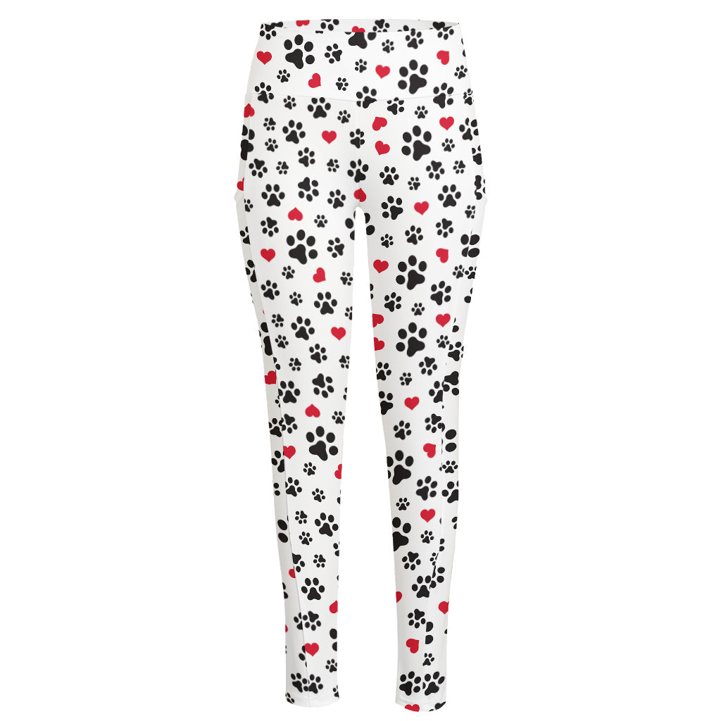 Black Paw And Heart Pattern Print High-Waisted Pocket Leggings