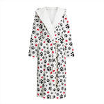 Black Paw And Heart Pattern Print Hooded Bathrobe