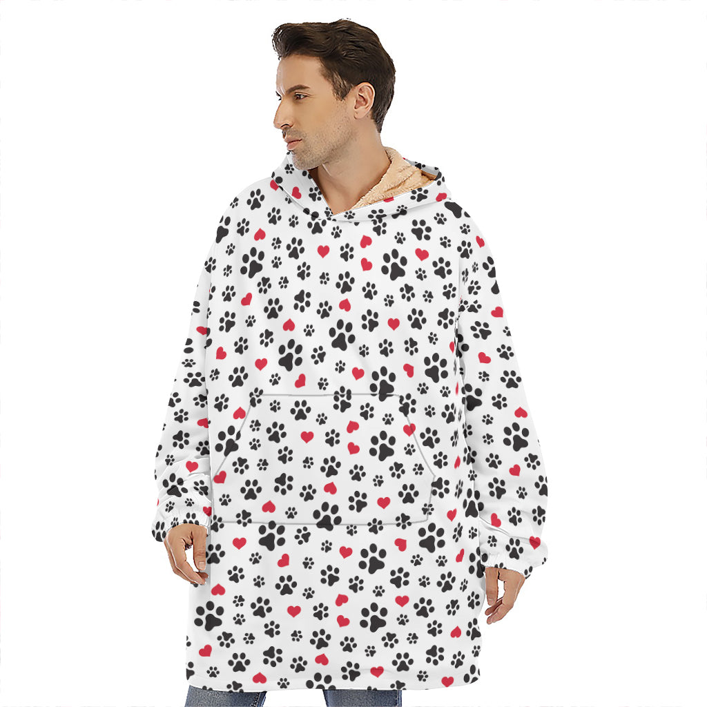 Black Paw And Heart Pattern Print Hoodie Blanket