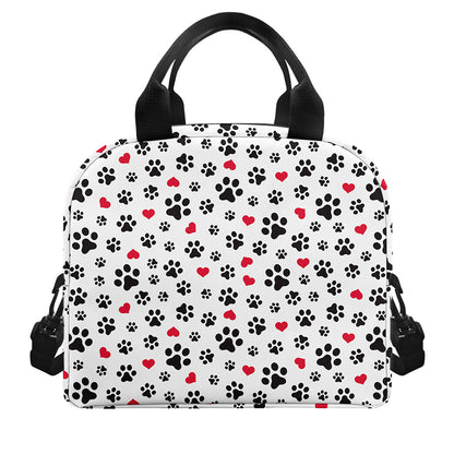 Black Paw And Heart Pattern Print Insulated Lunch Bag