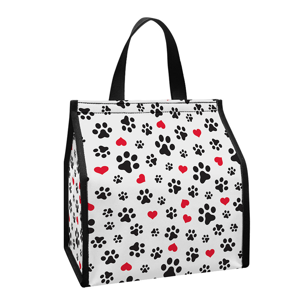 Black Paw And Heart Pattern Print Insulated Lunch Tote